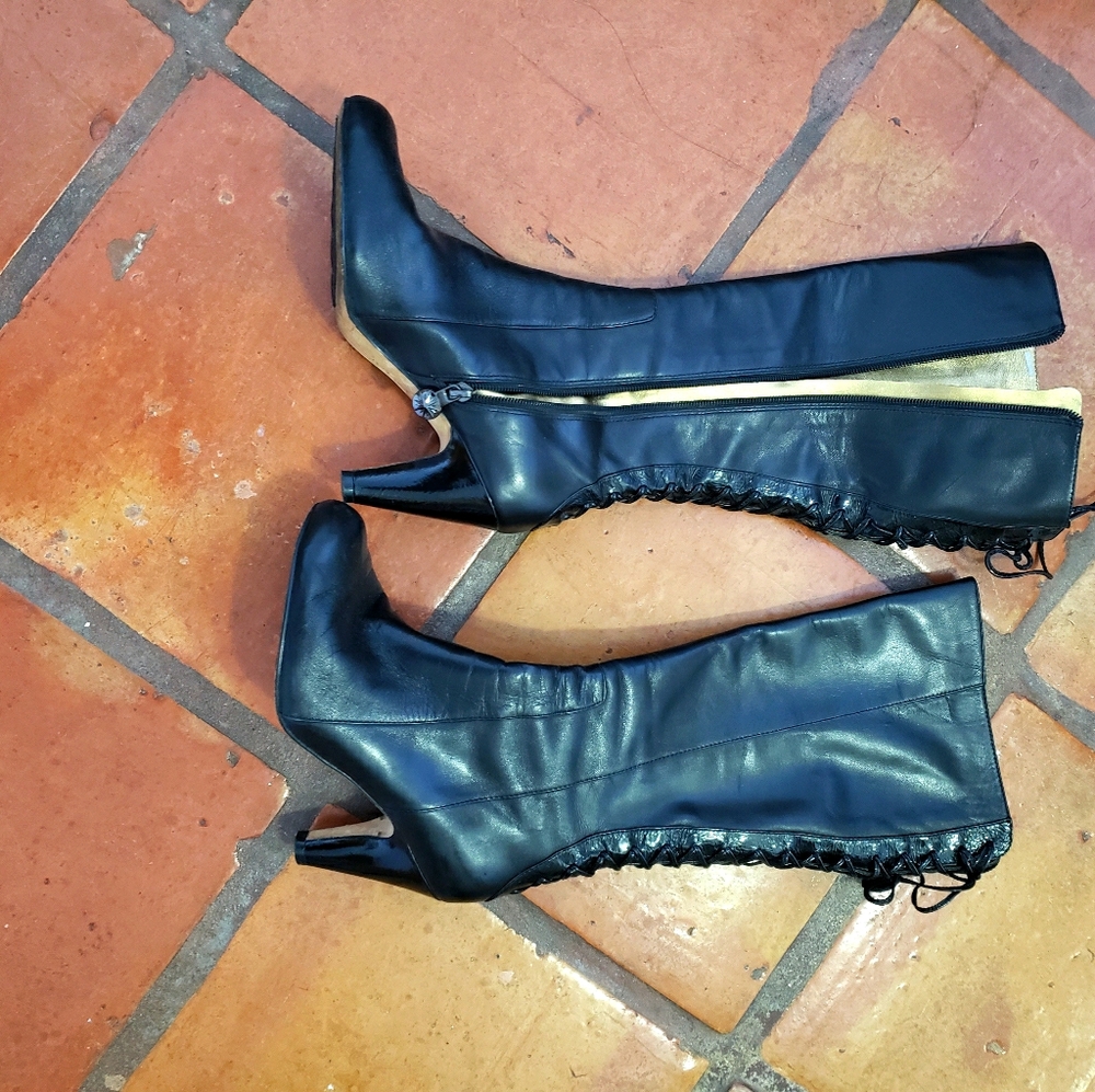 Taryn Rose lace up knee high black dress boot